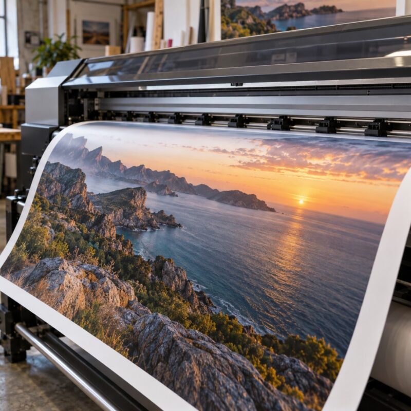 Impressió de gran format sortint de la màquina amb molt detall
