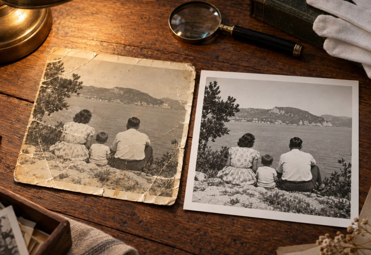 Fotografia antiga malmesa damunt la taula, al costat de la mateixa imatge ja restaurada