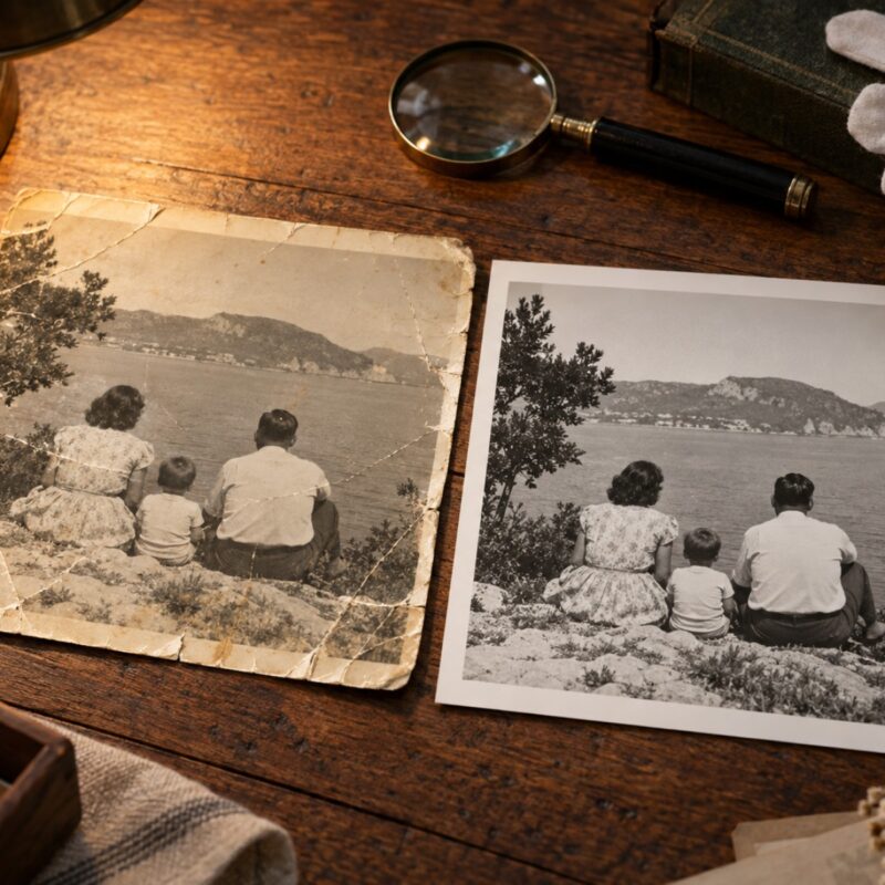 Fotografia antiga malmesa damunt la taula, al costat de la mateixa imatge ja restaurada