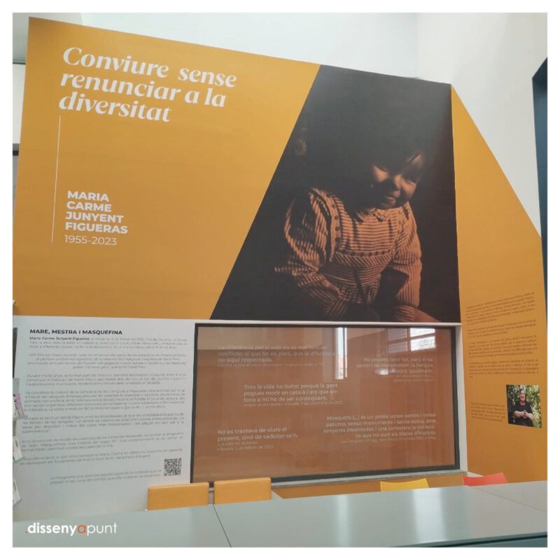 Panell d'exposició imprès en gran format, amb fotografia i text, ja instal·lat