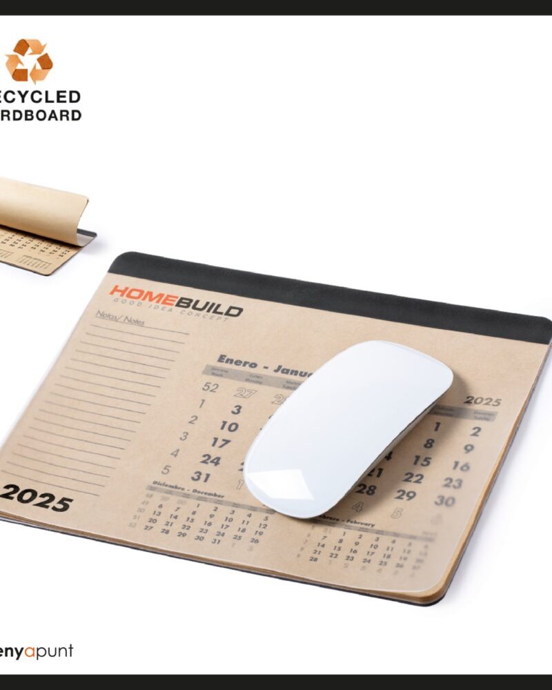 Alfombreta de ratolí amb calendari, de cartró reciclat, personalitzada amb el logotip d'una empresa