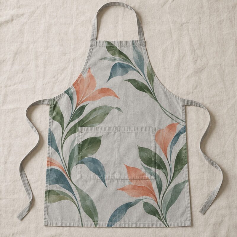 Davantal gris clar amb formes vegetals abstractes estampades a tot color