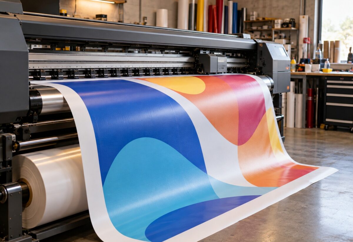 Lona de gran format estesa en un taller d'impressió