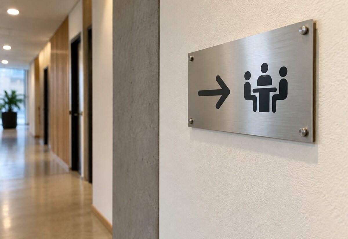 Placa de senyalètica moderna en un passadís d'oficines