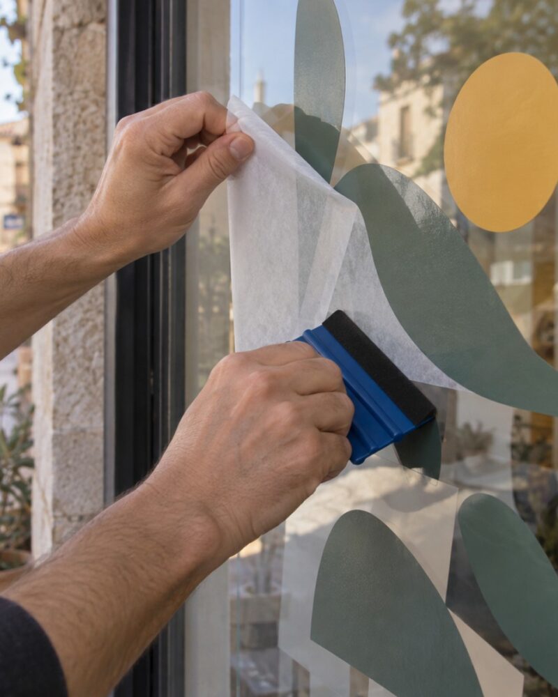 Tècnic aplicant un vinil decoratiu sobre un aparador de vidre